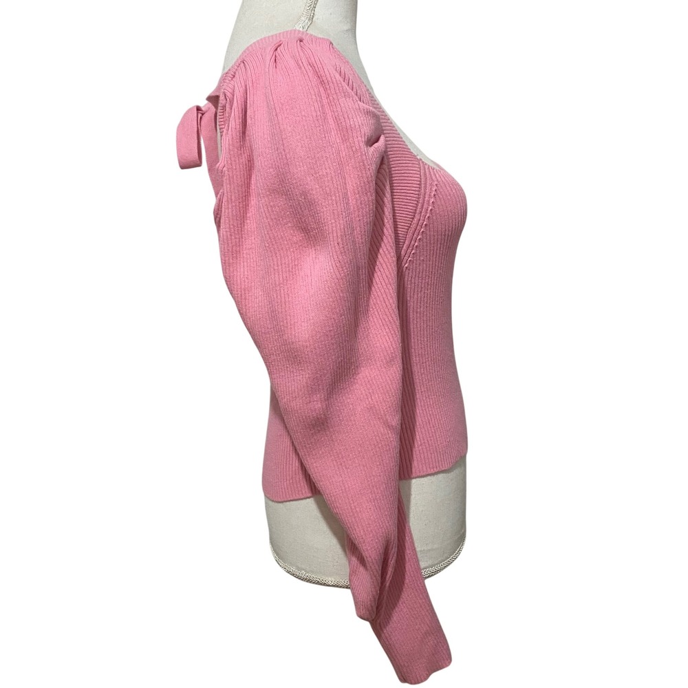 Pink Bow Crop Sweater S Balletcore Soft Girl‎ Romantic Square Neck Puff Sleeve - Picture 2 of 7